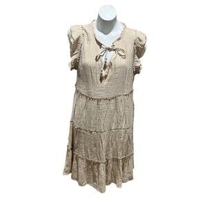 Indigo Rose Dress Womens Size XL Beige Tiered Boho Babydoll Midi Neck Tie